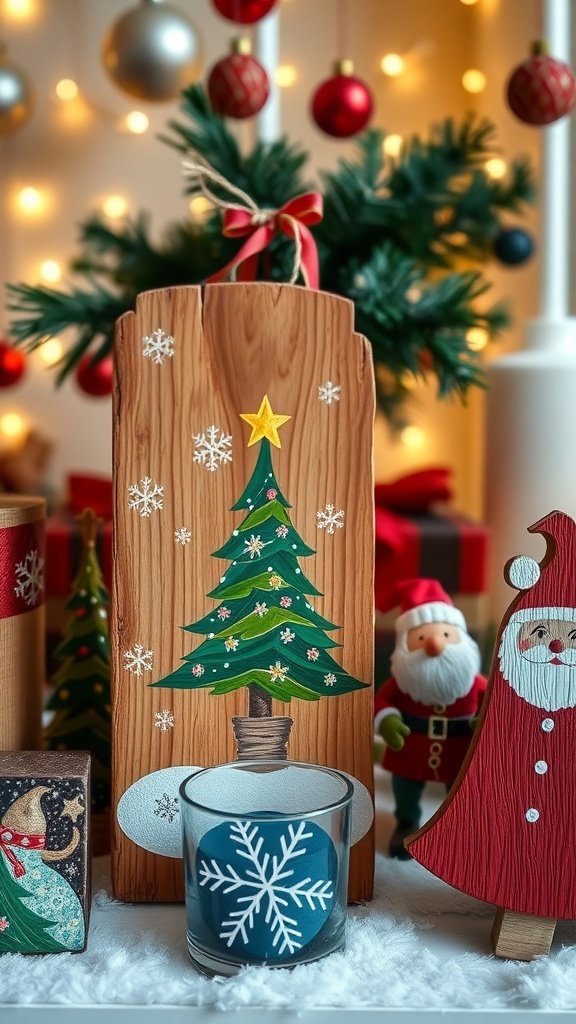 Colorful wooden Christmas paintings including a tree, snowflakes, and Santa on a rustic background.